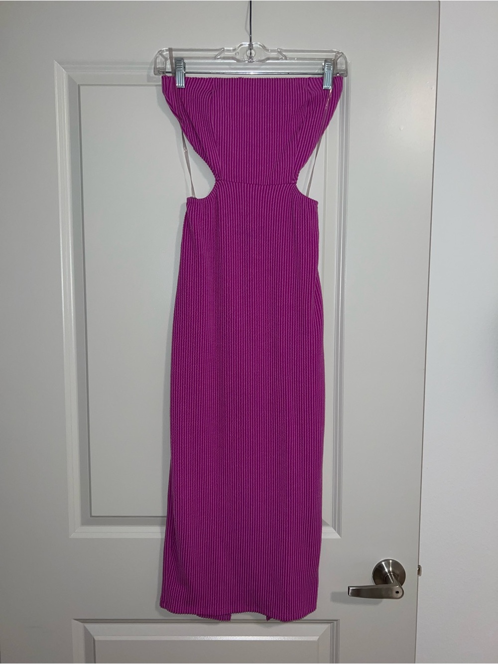 Blue Blush Strapless Ribbed Cutout Midi Dress in Fuchsia